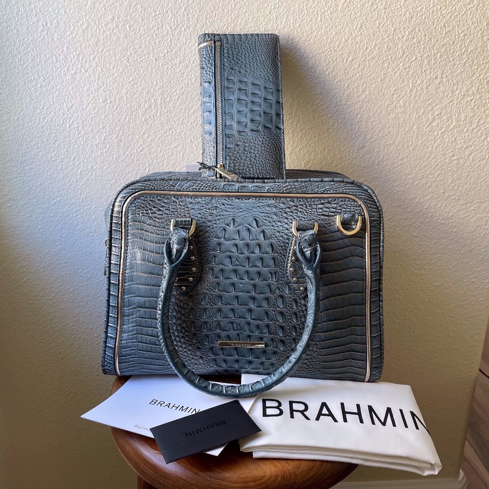 Brahmin Blue Bag + Wallet Marissa Satchel & Ady Wallet Slate Blue & Gold Leather